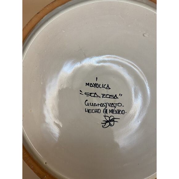 Mexican majolica floral green, colorful redware covered bowl chip btm of bowl - Picture 7 of 8